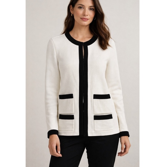 Talbots Sweaters - Talbots Ivory Black Trim Sweater Jacket Hook Eye Cardigan Knit X (1X)